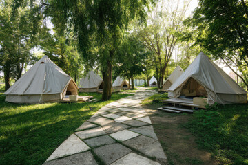 luxury glamping campsite with canvas tents in a forest park