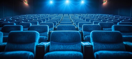 Naklejka premium Abandoned Movie Theater Interior with Blue Silhouettes of Empty Rows of Chairs for Audience Seating
