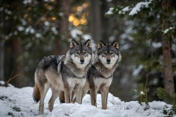 Obraz premium Two gray wolves standing in snowy winter forest