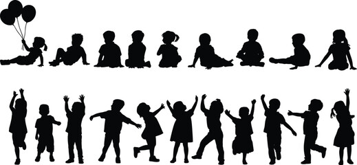 Silhouettes of kids playing, sitting, jumping, running, holding balloons, childhood moments, happy children, active poses, vector illustration, black figures
