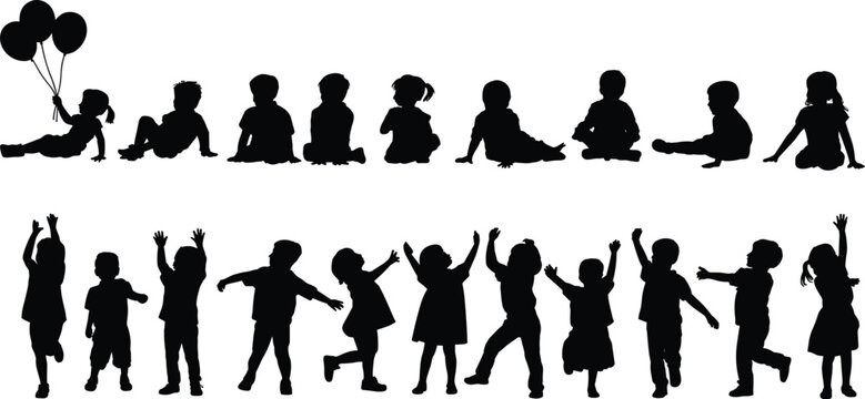 Silhouettes of kids playing, sitting, jumping, running, holding balloons, childhood moments, happy children, active poses, vector illustration, black figures