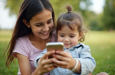 Young Latina woman, little daughter with Down syndrome use smartphone outdoors. Girl looks at screen. Family moment, enjoying time together. Communication, technology, inclusion, disability,