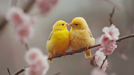 Two yellow canaries perched on a branch amidst pink blossoms canary yellow bird