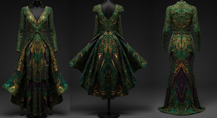 Obraz premium Exquisite Emerald Gown: A detailed exploration of a captivating emerald green gown with elaborate gold embellishments, highlighting the design and artistry of the luxurious garment.