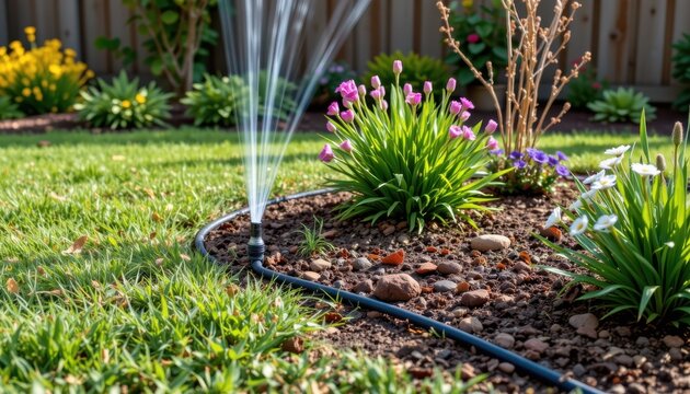 a backyard with a water efficient irrigation layout using tubing and emitters to minimize runoff and optimize water use.