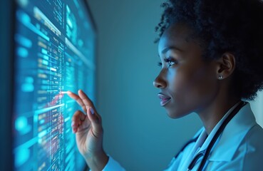 Black female doctor analyzes healthcare data with AI hologram. Medical tech innovation. Data analysis, modern medicine, virtual reality, future of health, smart tech, data science.