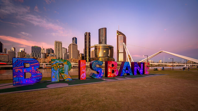 Brisbane, QLD, Australia - Jun 14, 2025: Updated Brisbane sign with the city in the background
