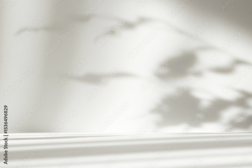 Aufkleber Abstract white color studio background for product presentation. Empty room with shadows of window and flowers and plant leaves . 3d grey room with copy space. Summer concept. Blurred backdrop.