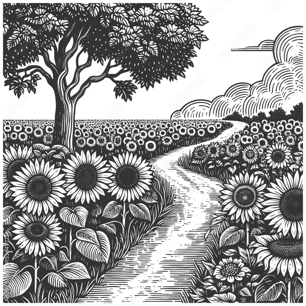Poster sunflower field with a winding path, tree, and clouds, ideal for rustic and nature-themed designs sk