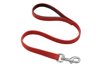 Fototapeta premium Crimson nylon dog leash laying on clear surface, highlighting quality pet equipment with minimalist design aesthetic
