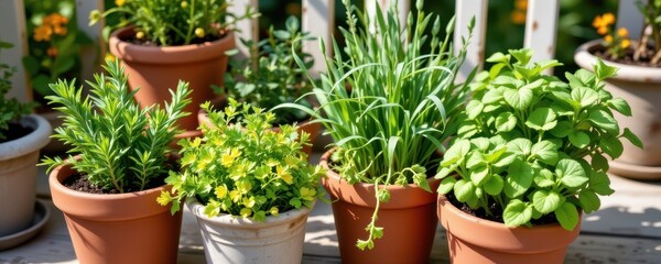 a collection of ceramic pots filled with rosemary, thyme, and parsley on a sunny patio, ideal for beginners looking to grow herbs.