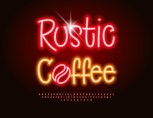 Vector Glowing signboard Rustic Coffee with Neon Bean. Led Light Font. Playful Electric Alphabet Letters and Numbers set.