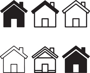 Collection of Six Home Icons Displaying Various Line Thicknesses and Design Styles for Diverse Visual Representations of Real Estate