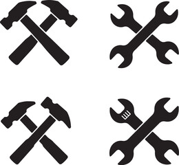 Construction and Repair Tools Crossed in Silhouette Displaying Hammers and Wrenches for Building, Carpentry, Plumbing, and General Handyman Services