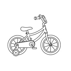 Coloring page of a kids bicycle with training wheels for children's activity book on transparent background