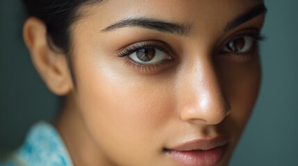 Fototapeta premium Close-up of South Asian woman with minimal makeup, clean lighting, neutral background