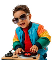 Stylish little boy in colorful jacket and oversized sunglasses playing DJ on a toy turntable on a transparent background