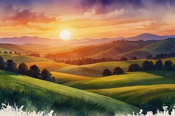 Sunset over rolling hills in watercolor style