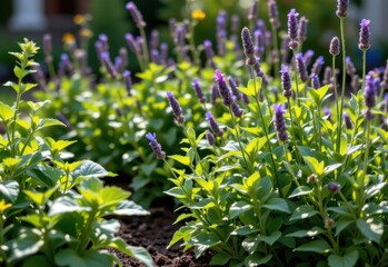 Fototapeta premium a peaceful garden scene with mint, lemon balm, and lavender thriving in dappled sunlight, perfect for easy herbal gardening.