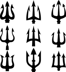 Set of illustrations of trident. Neptune trident. Design element for logo, label, sign, emblem, poster. Vector illustration