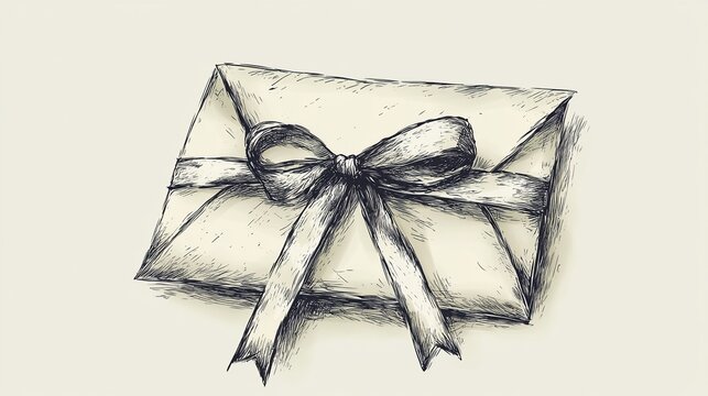 A hand-drawn sketch of a cream envelope tied with a light grey ribbon bow, resting on a pale background, rendered in a textured, sketchy style