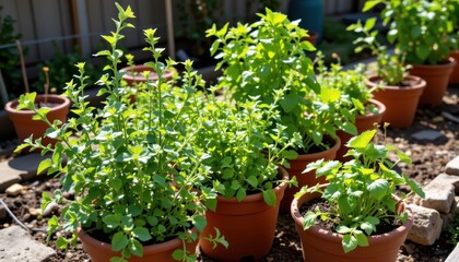a backyard garden with pots of oregano, sage, and cilantro flourishing under bright sunlight.