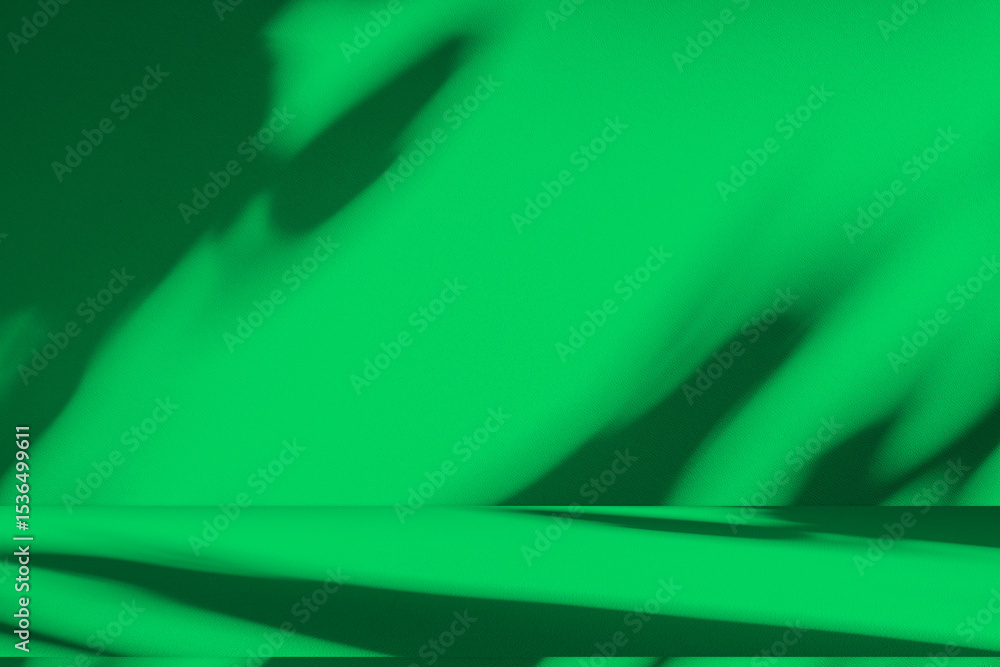 Poster Wall interior background, studio and backdrops show products. with leaf shadow from window color green and white. background for text insertion and presentation of product	