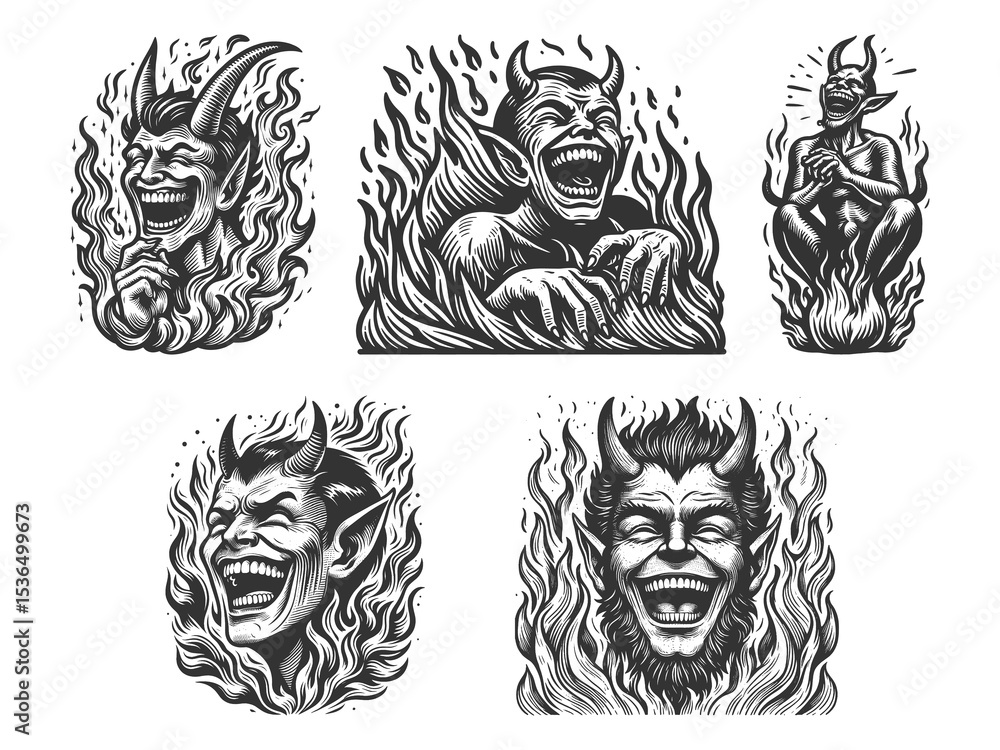 Poster laughing devils and demons set collection bundle sketch engraving generative ai raster illustration.