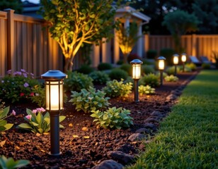 soft glowing bollard lights lining a backyard garden bed, offering elegant, low level illumination that enhances evening relaxation.