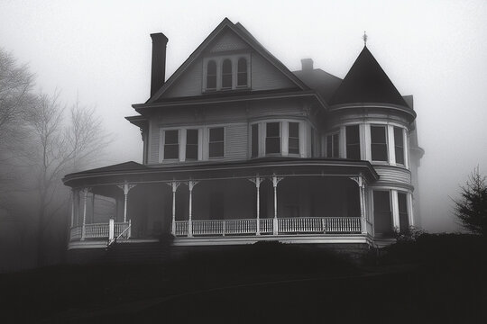 Eerie Victorian house shrouded in fog creates a haunting atmosphere
