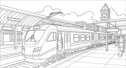 Fototapeta premium Train station coloring page for kids and adults transportation public transport vector illustration on transparent background