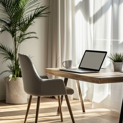 Fototapeta premium Minimalist Scandinavian home office with laptop on wooden desk, coffee mug, indoor plant, cozy chair and white walls, bathed in soft natural daylight, remote work concept with shallow depth of field