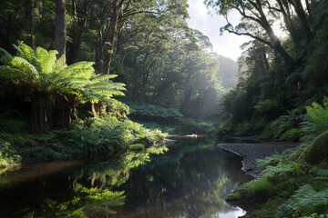 Fototapeta premium Sunlight reflections among lush ferns and serene water in a forest