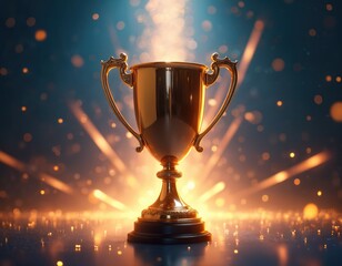 Shiny gold trophy award. Winner champion cup on background with bokeh lights, star burst. Success concept, winning achievement celebration. Competition, victory, prize, reward.