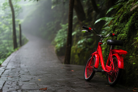 Bicycle rests against tree in misty forest path