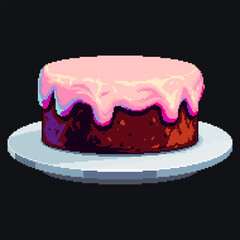Pixel art illustration of a chocolate cake with pink icing placed on a white plate. Vector retro style design with bright shading and stylized details, perfect for games and digital media