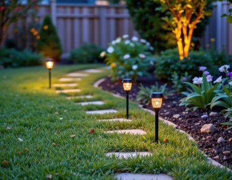 a backyard garden path lit by solar powered stake lights, combining sustainability with atmospheric illumination.