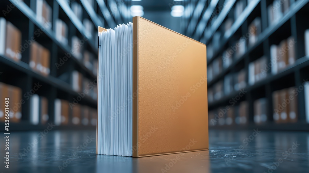 Poster organized folder on a dark floor in a modern library with blurred shelves filled with books and docu