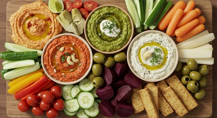Delicious Hummus Trio with Vegetables and Crackers on Wooden Board