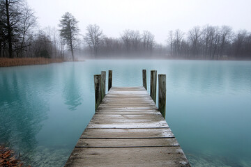 Naklejka premium Bridge vanishes into fog in tranquil waterscape