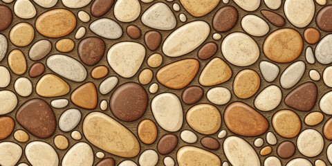 Smooth river stones in earth tones arranged in a seamless pattern  