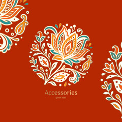 Colorful emblem with flower and leaves. Can be used for jewelry, beauty and fashion industry. Great for logo, monogram, invitation, flyer, menu, background, or any desired idea.