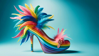 High Heel mit bunten Federn in Regenbogenfarben, hellblauer Hintergrund, copy space