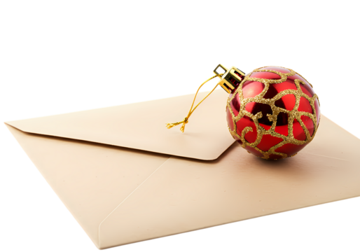 Seasons Greetings A Festive Red Ornament Resting on a Beige Envelope Symbolizing the Spirit of Holiday Correspondence and Warm Wishes isolated on transparent baackground