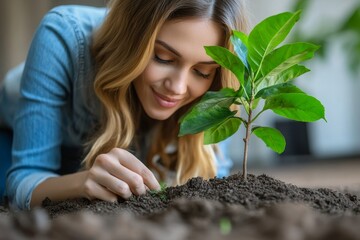 Leisure time hobby: Woman replanting a small tree into a new pot at home, enjoying a calming gardening activity., Generative AI
