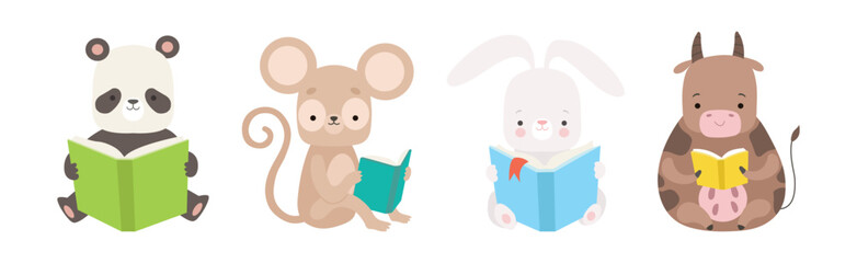 Cute Animals Reading Book in Hard Cover Enjoying Interesting Story Vector Set