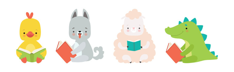 Cute Animals Reading Book in Hard Cover Enjoying Interesting Story Vector Set