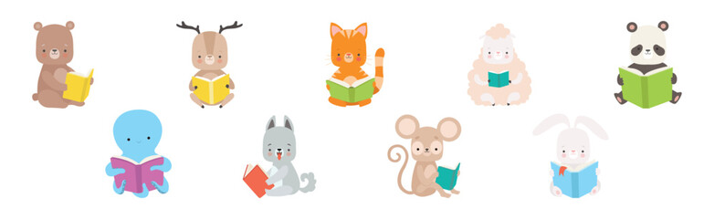 Cute Animals Reading Book in Hard Cover Enjoying Interesting Story Vector Set