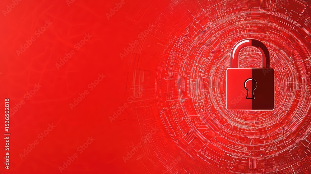Poster red digital background with a lock symbol representing security and protection in technology and dat