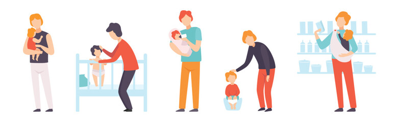 Dad on Maternity Leave Takes Care of Little Toddler Vector Set